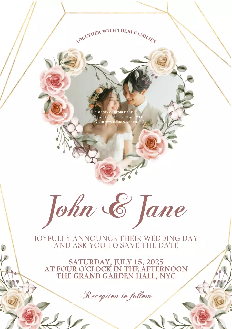 Elegant Floral Heart Wedding Invitation in White and Gold