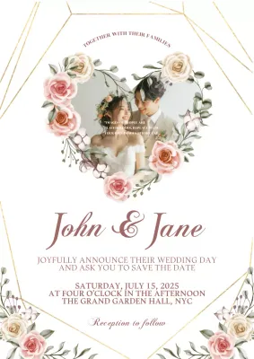 Elegant Floral Heart Wedding Invitation in White and Gold