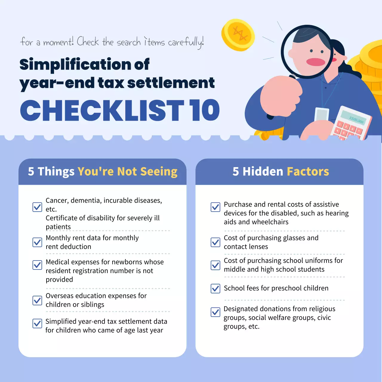 Cute illustrated year-end tax checklist in blue color