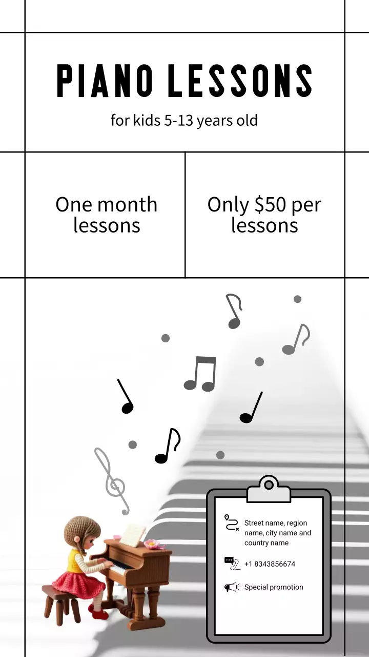 Piano lessons poster and brochure with minimalist design