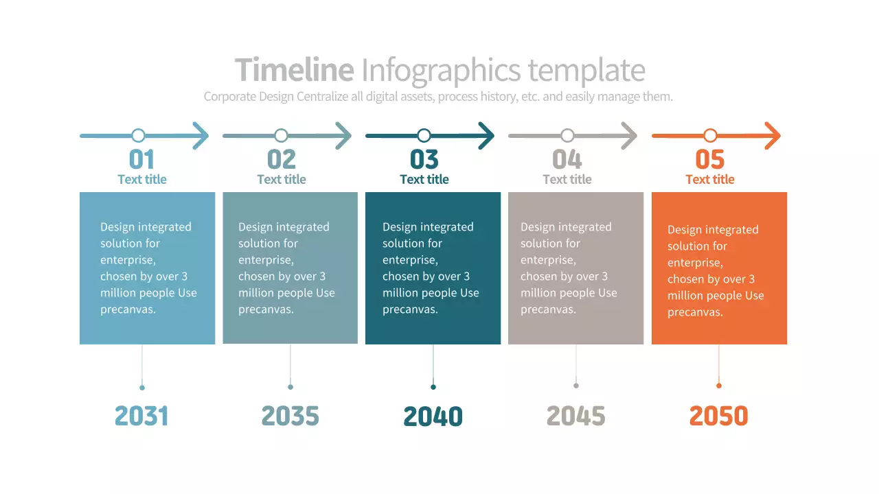 Simple corporate timeline flowchart infographic with muted colors