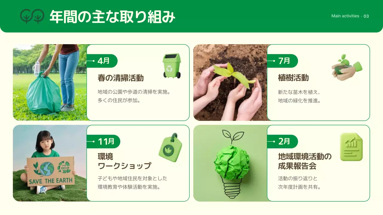 緑 シンプル 環境 報告書 プレゼンテーション