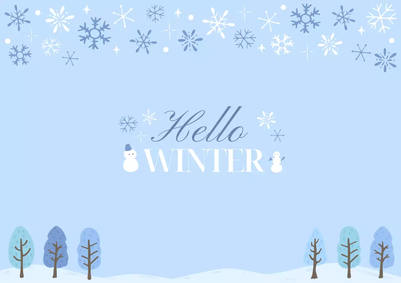 雪が降る冬の風景・水色の背景・横型