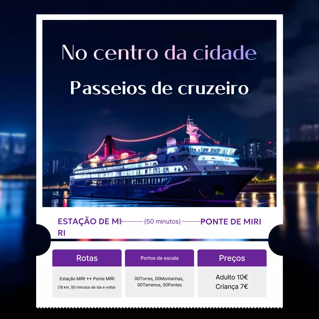 Anúncio turístico de navio de cruzeiro moderno em neon