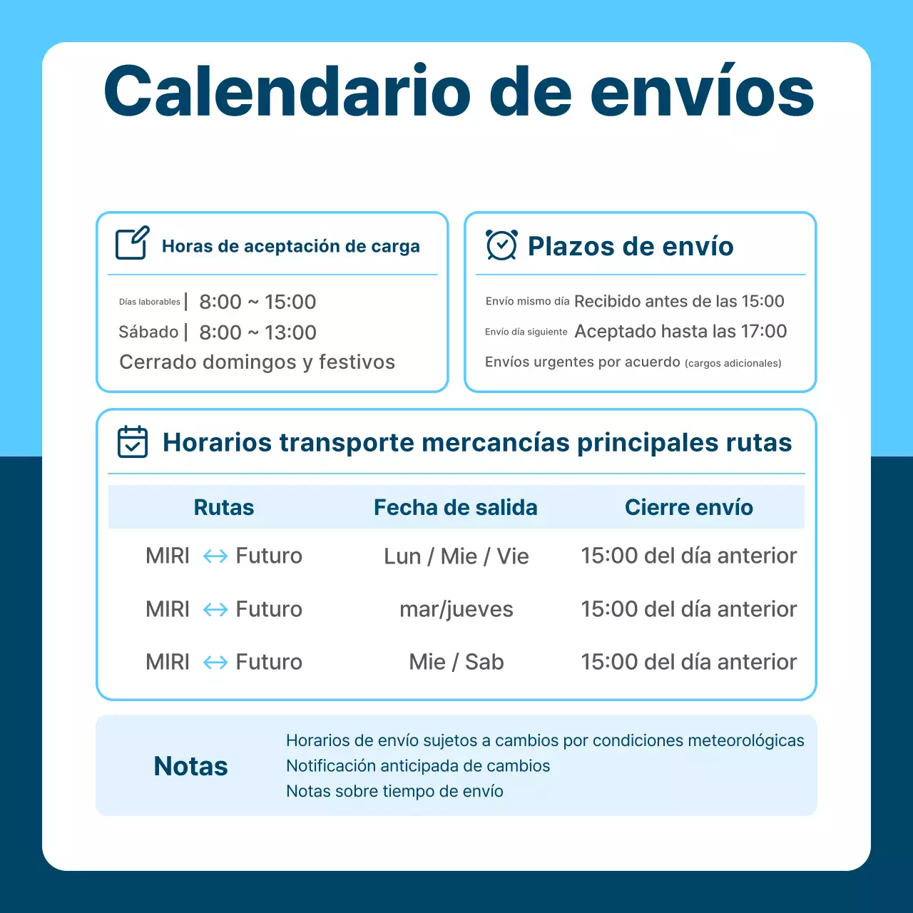 Guía de horarios ordenada en color azul cielo