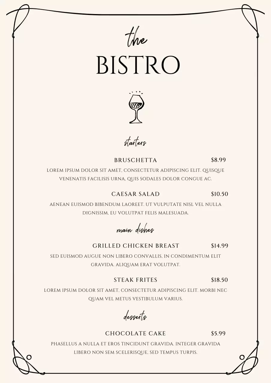 Beige Elegant Bistro Menu