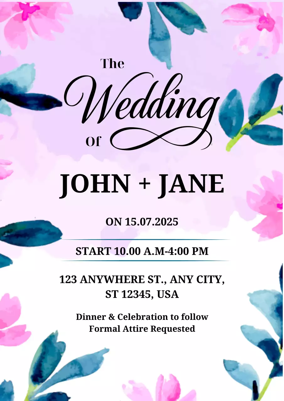 Luxury Pink Watercolor Wedding Ceremony Invitation