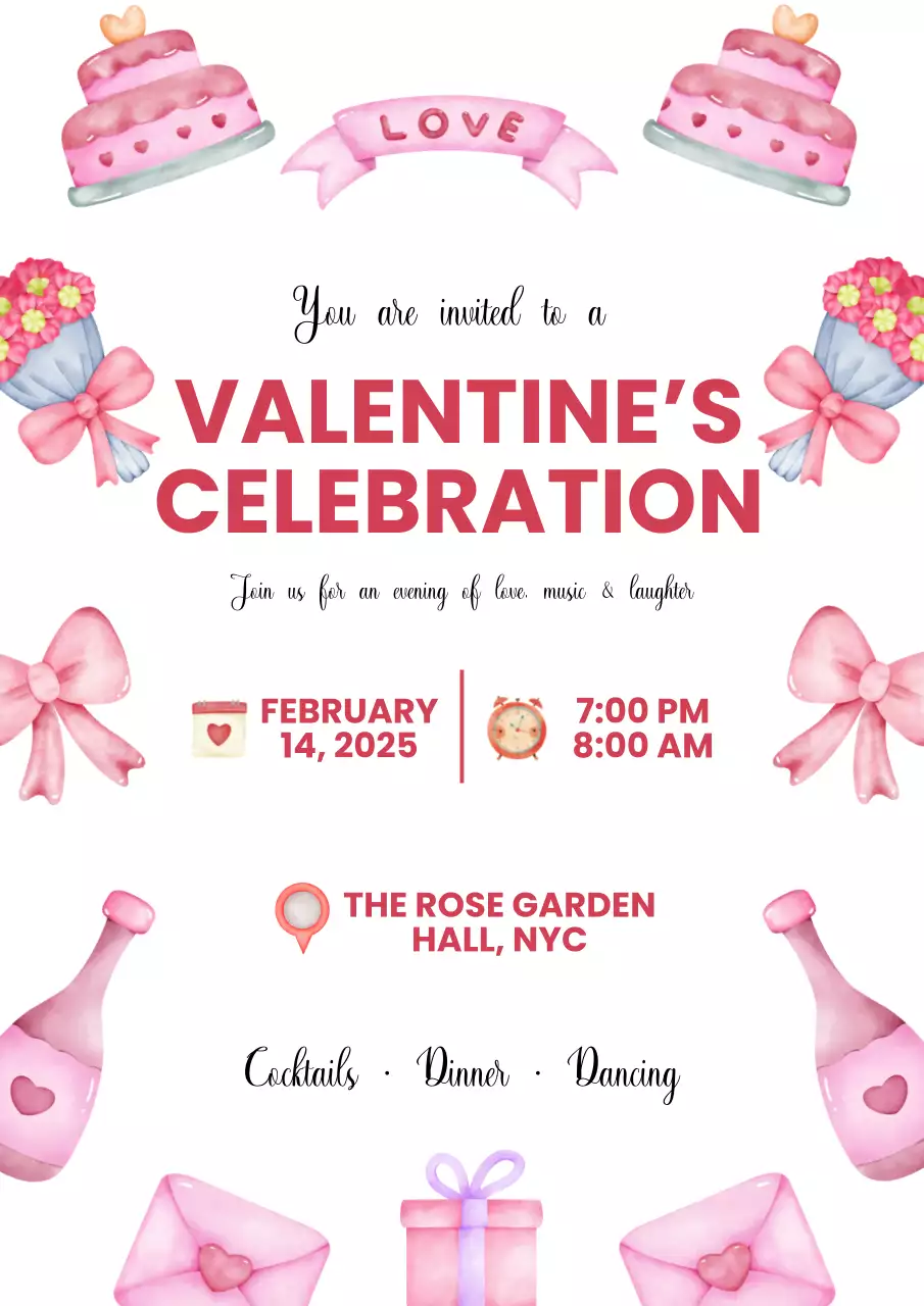 Red and Pink Elegant Valentine Dinner Party Invitation