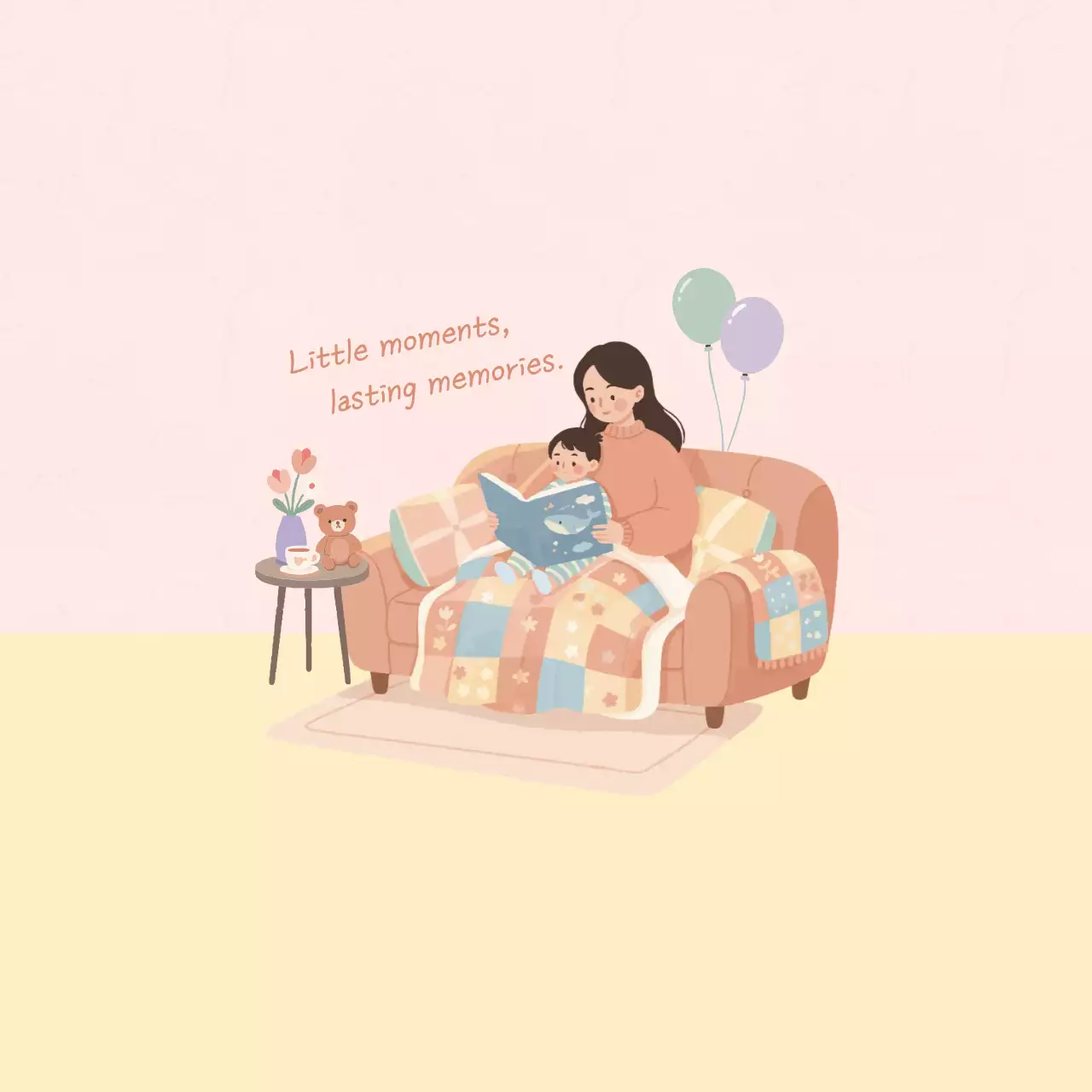 핑크색과 노란색의 아기자기한 독서 일러스트