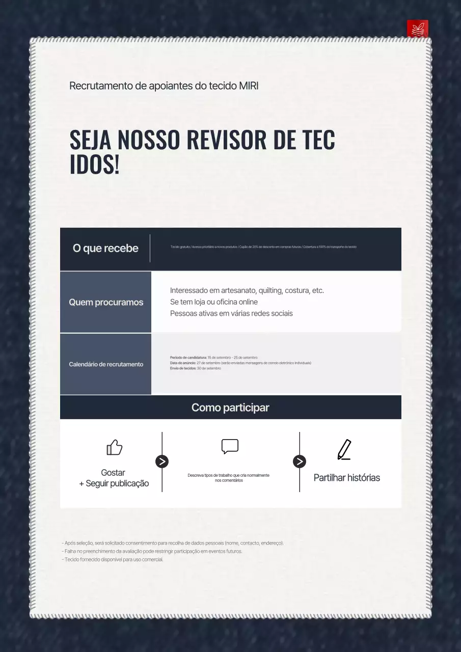 Aviso de recrutamento para apoiadores de uma empresa de tecidos azuis elegantes