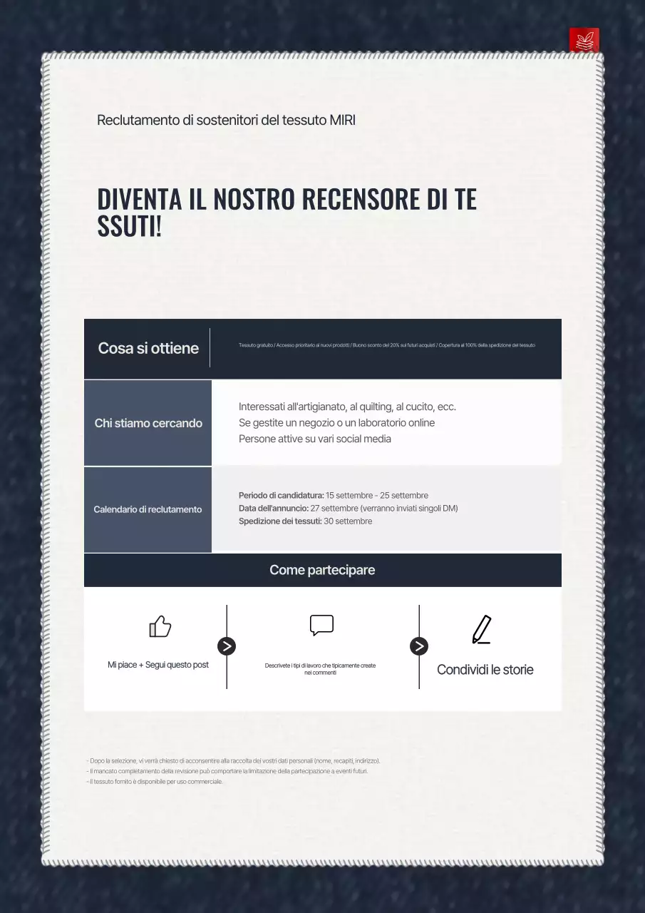 Avviso di reclutamento per sostenitori di un'azienda di tessuti blu