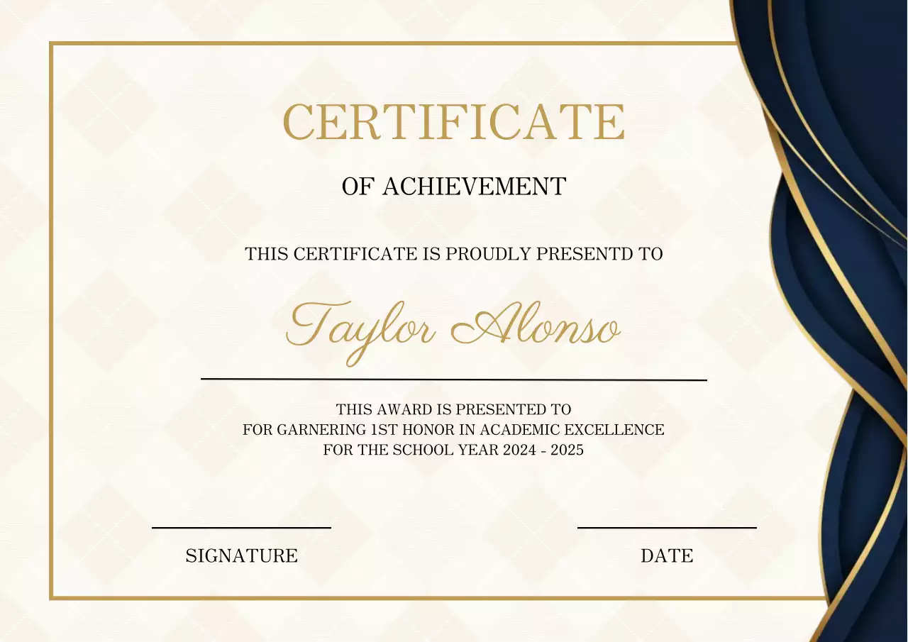 Navy blue and gold modern achievement certificate