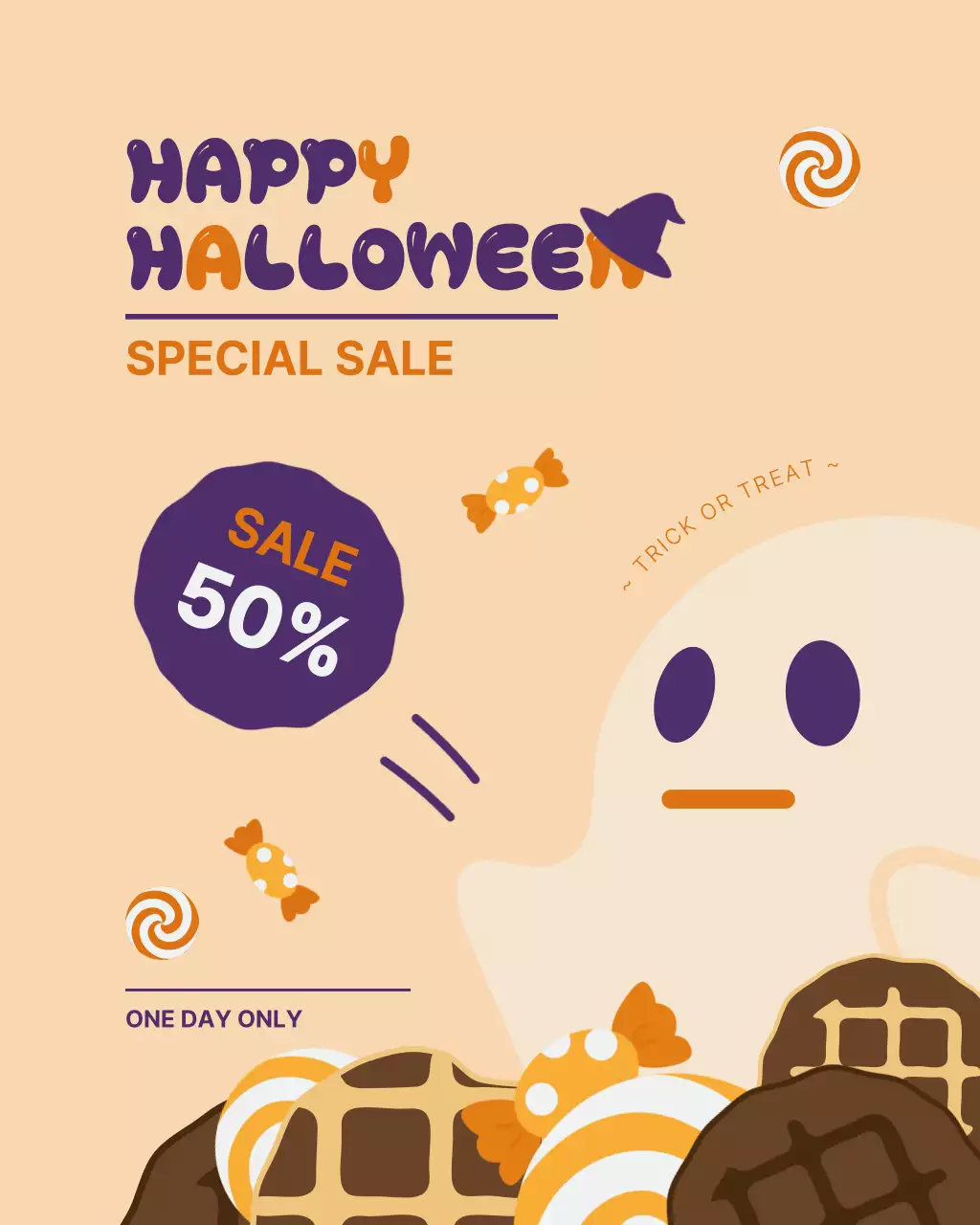 귀여운 유령이 쿠키와 사탕을 선물하는 할로윈 세일