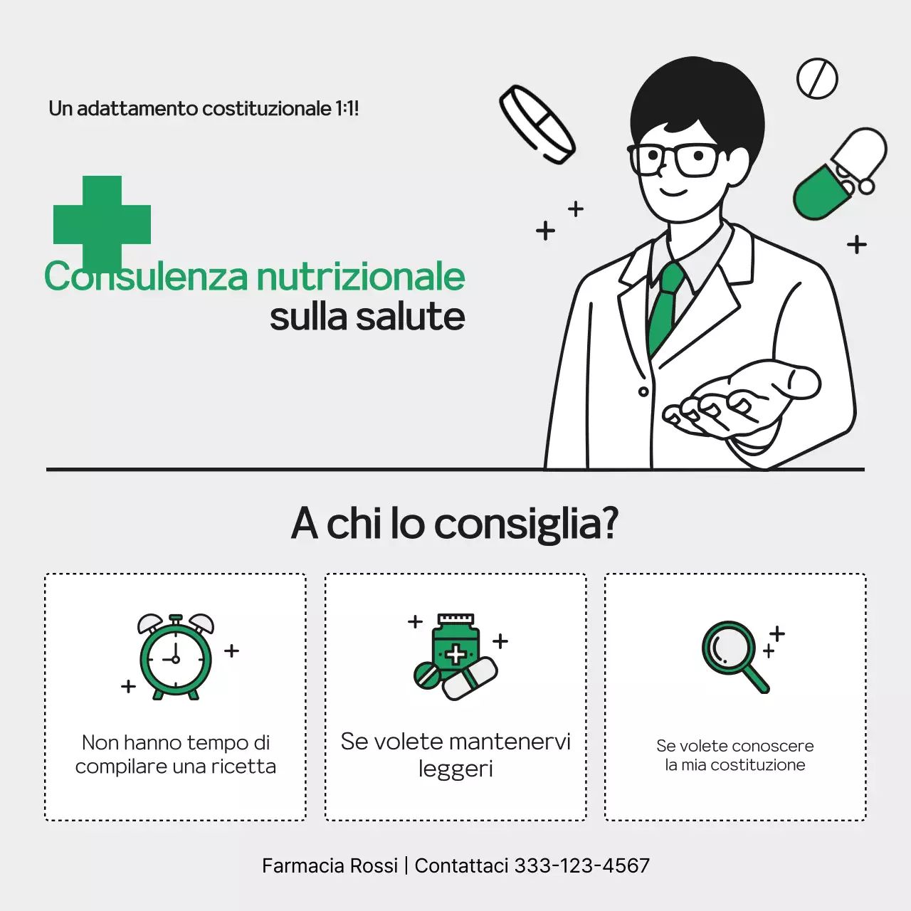 Pubblicità per la consulenza sanitaria sugli integratori alimentari della farmacia Green Simple