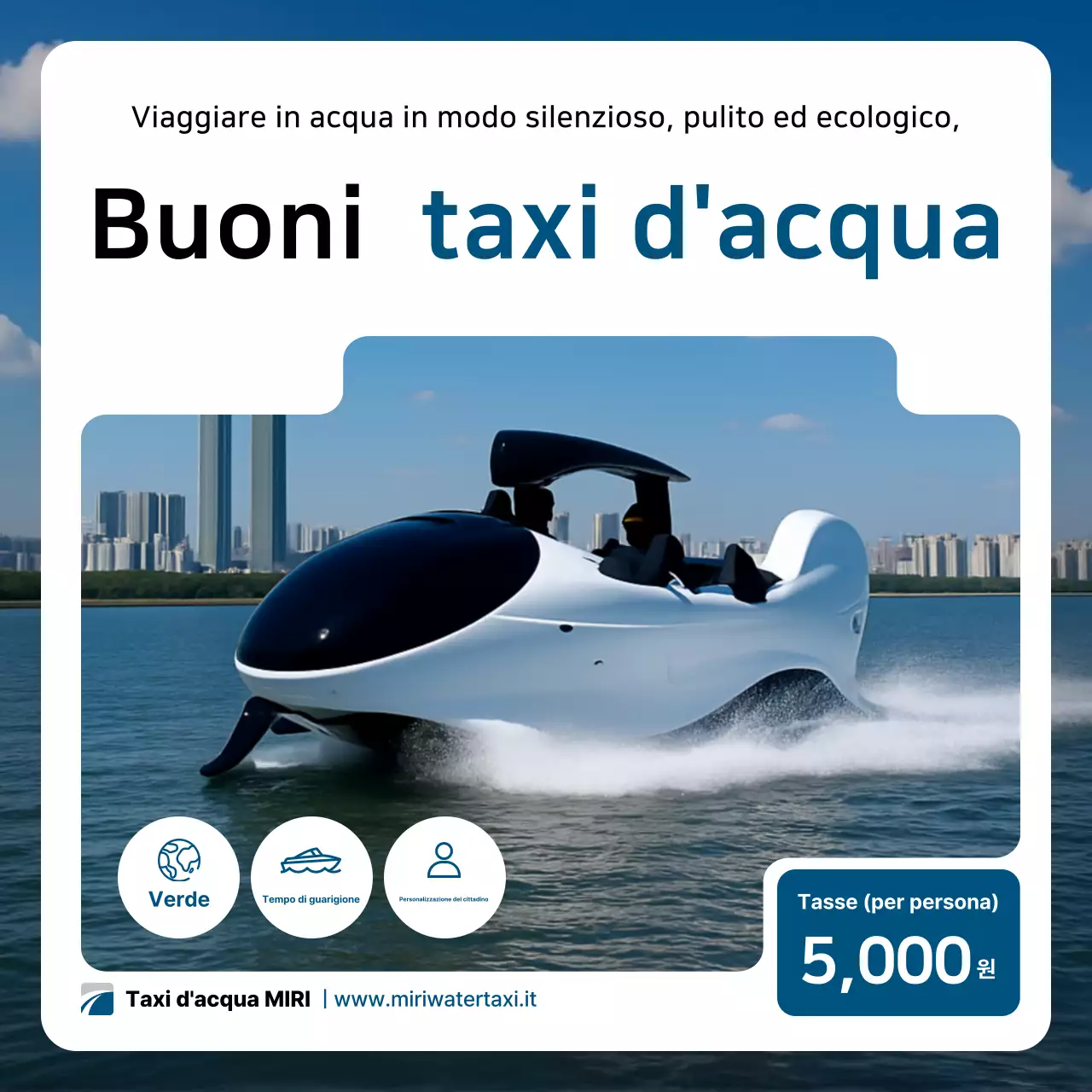 Pubblicità di un moderno taxi acqueo bianco
