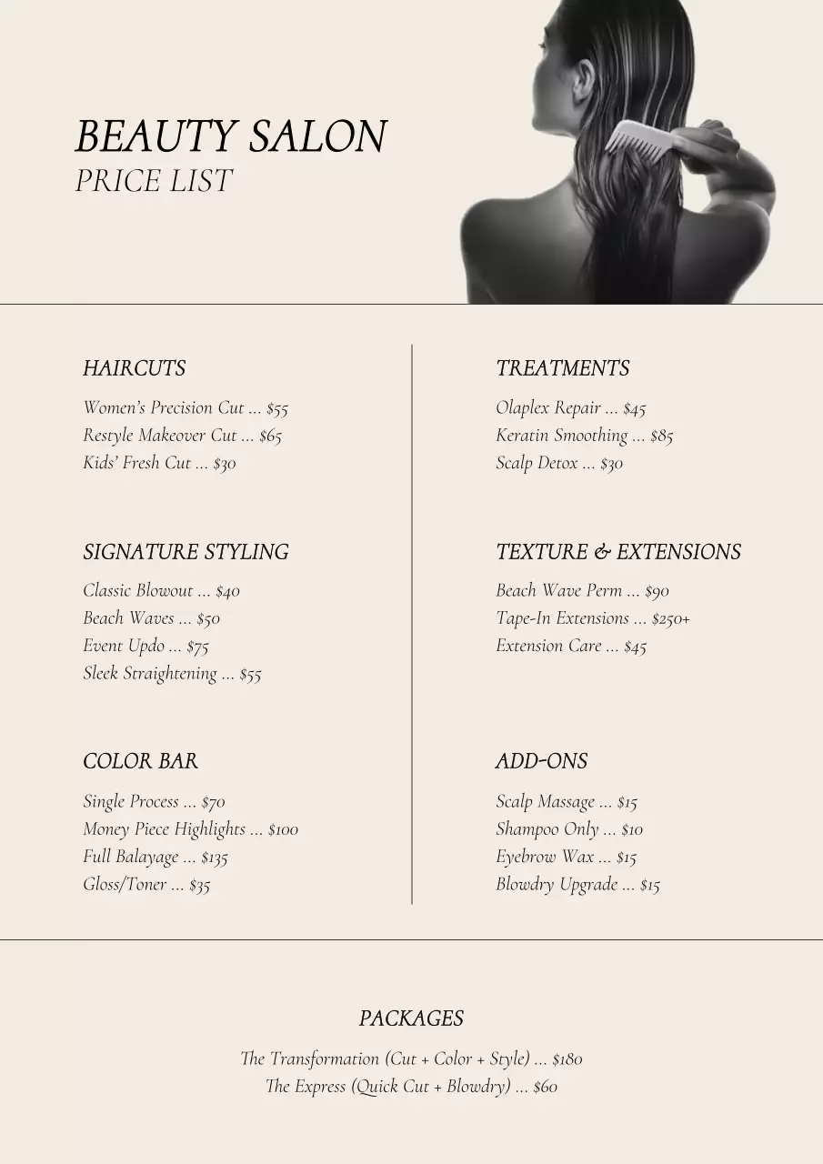 Beige Elegant Salon Menu