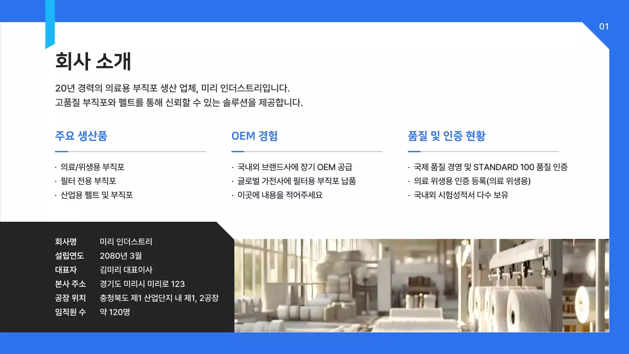 파랑 모던 의료 부직포 OEM 제안서