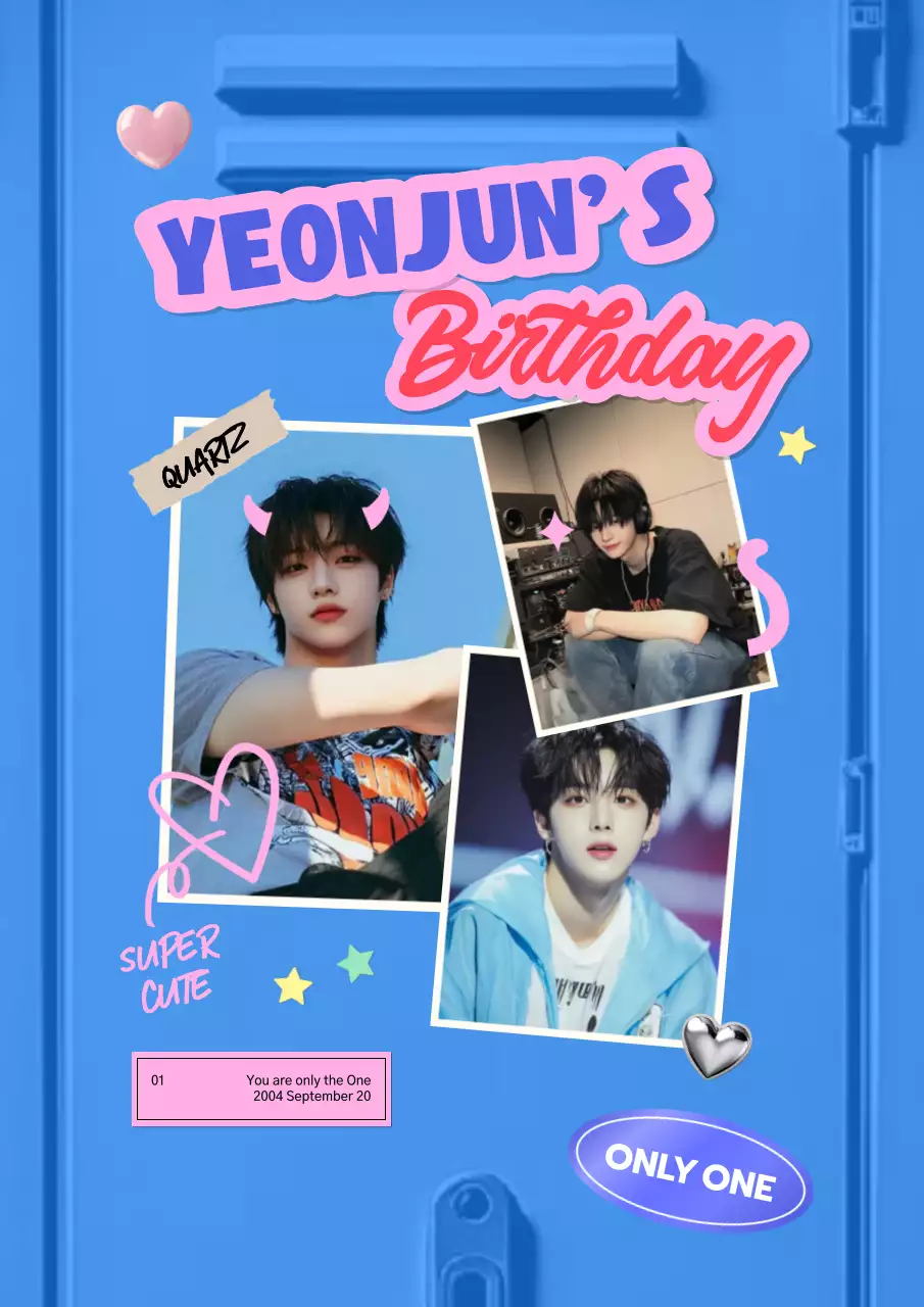 파란 캐비닛에 폴로라이드 사진이 붙은 생일 축하 홍보