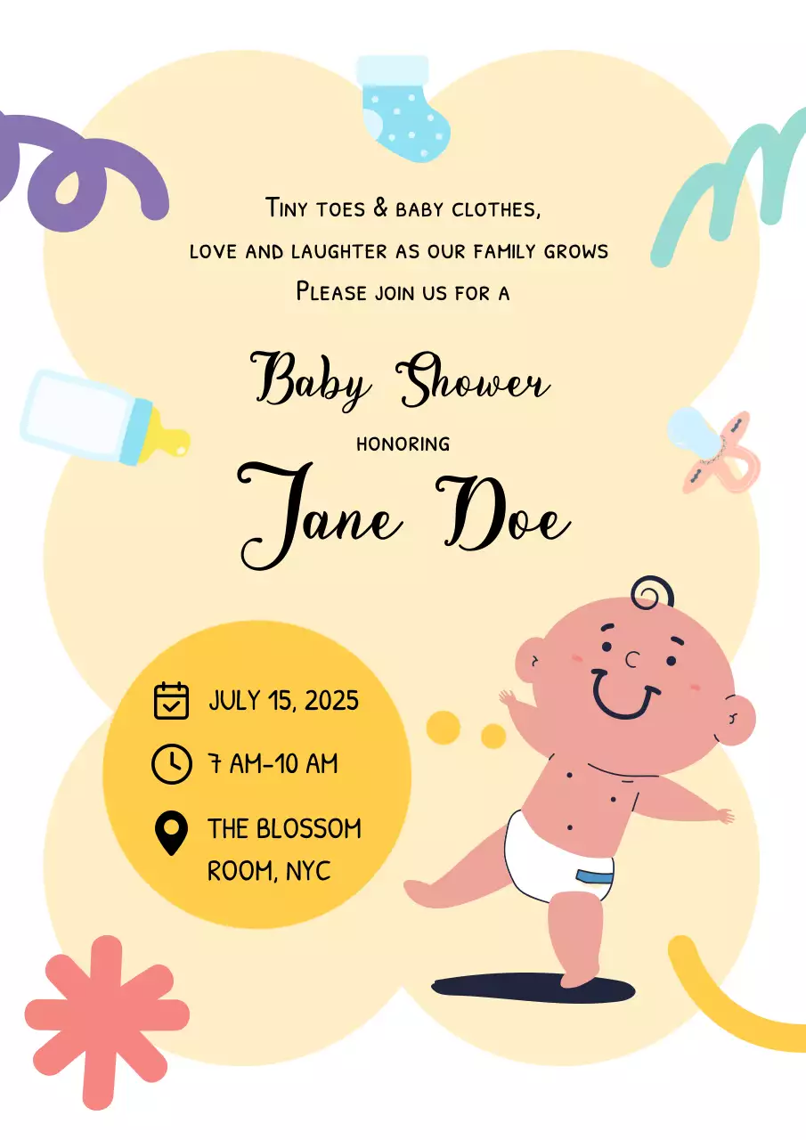 Yellow Modern Cartoon Baby Shower Invitation