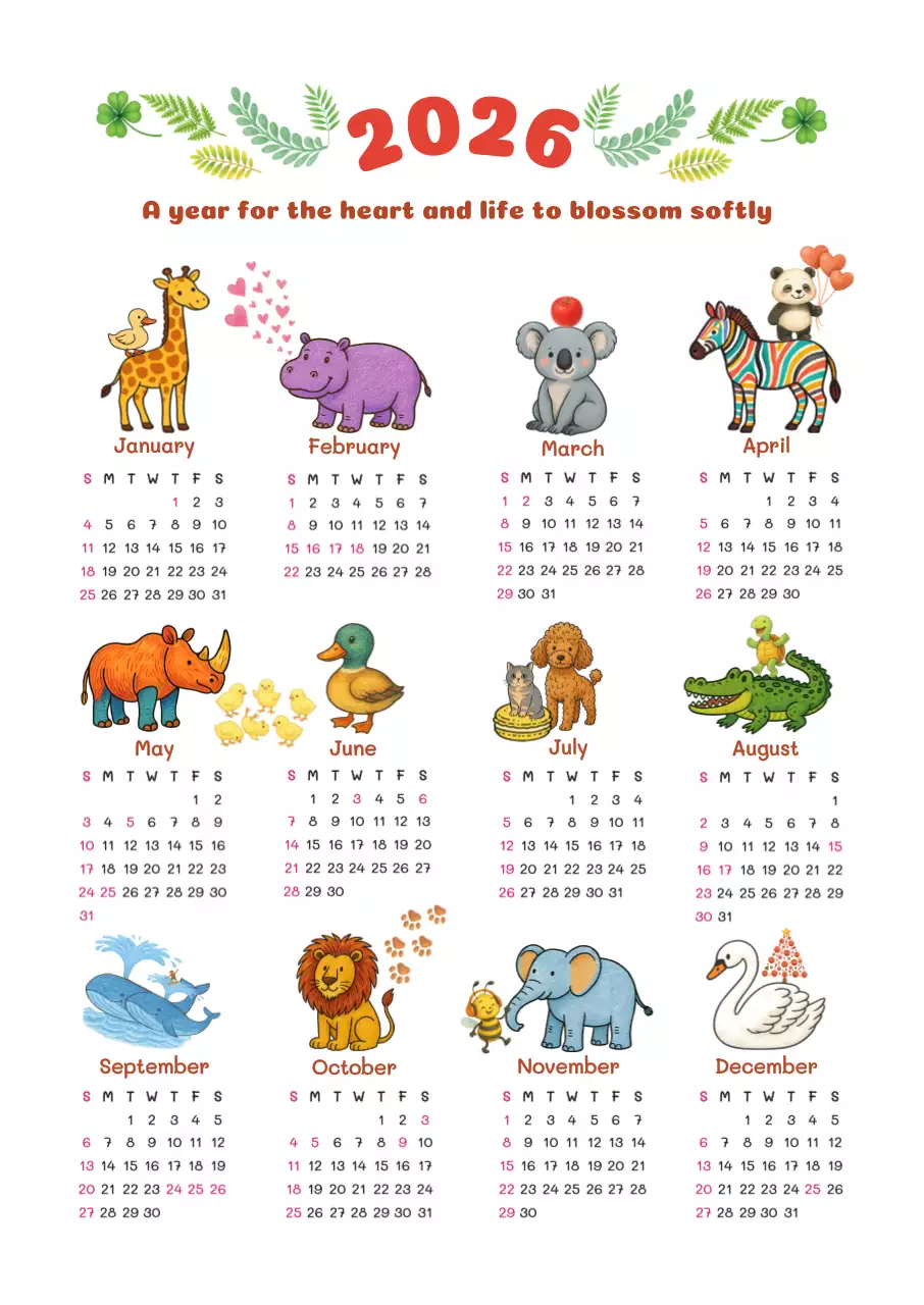 레드 그린 아기자기 귀여운 2026 Wild Friends 캘린더