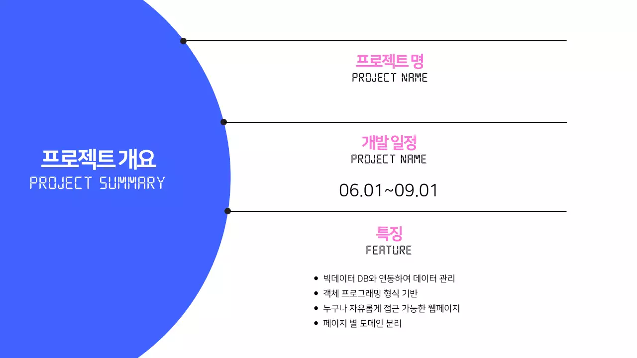 파랑과 핑크색의 심플한 웹 개발 프로젝트 기획서