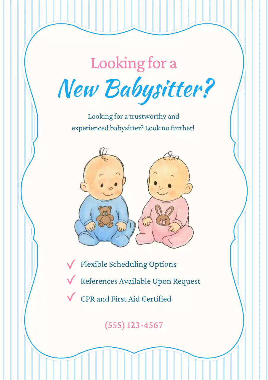 Blue and Pink Simple Babysitter Promotion Poster