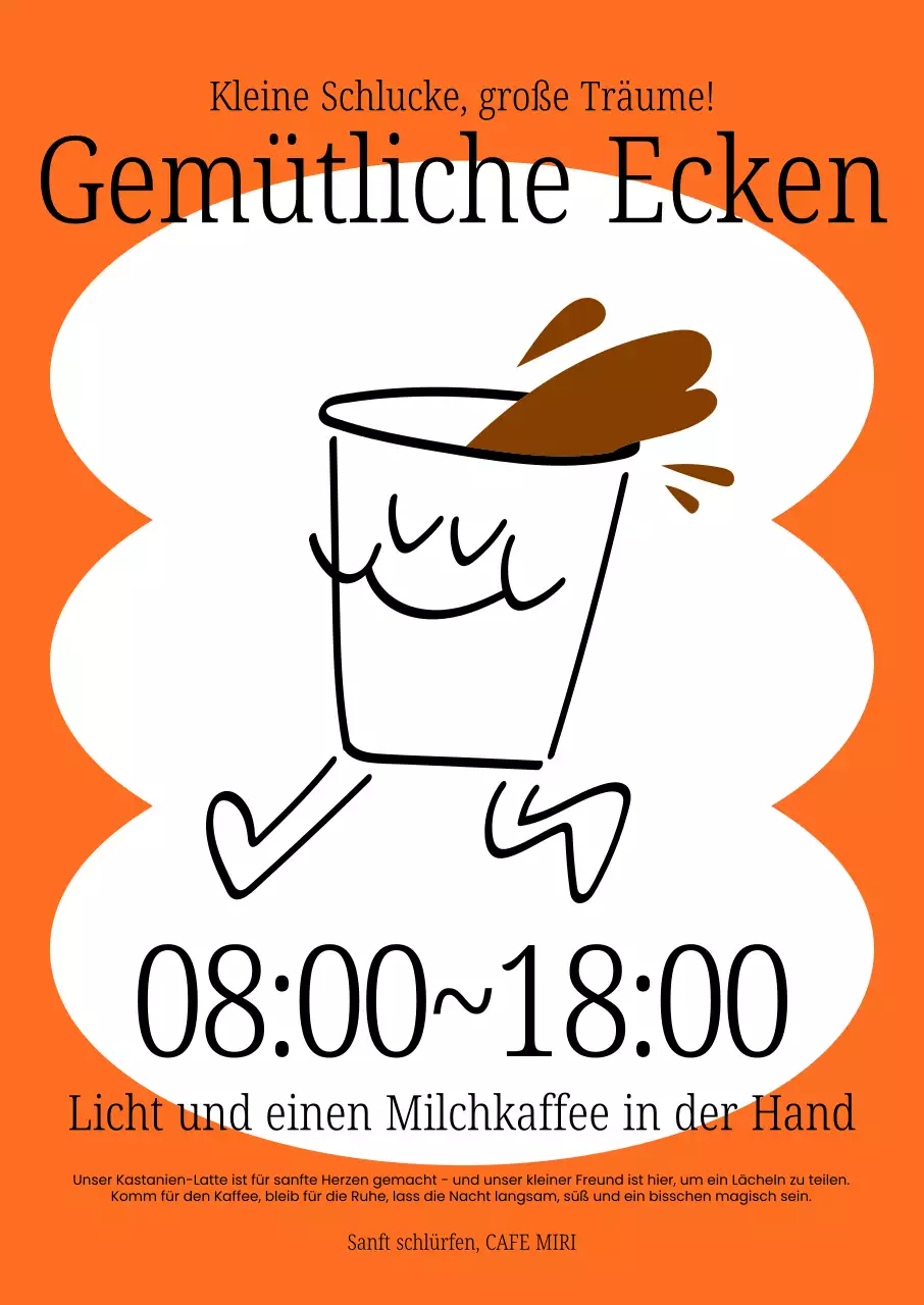 Orangefarbene Anzeige für süßes Café