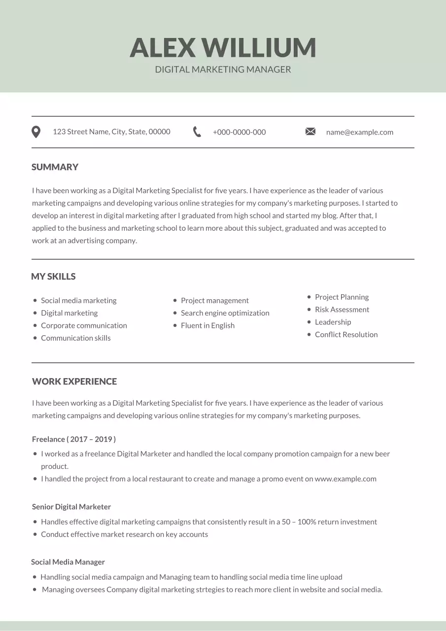 밝은 녹색 미니멀리스트 이력서