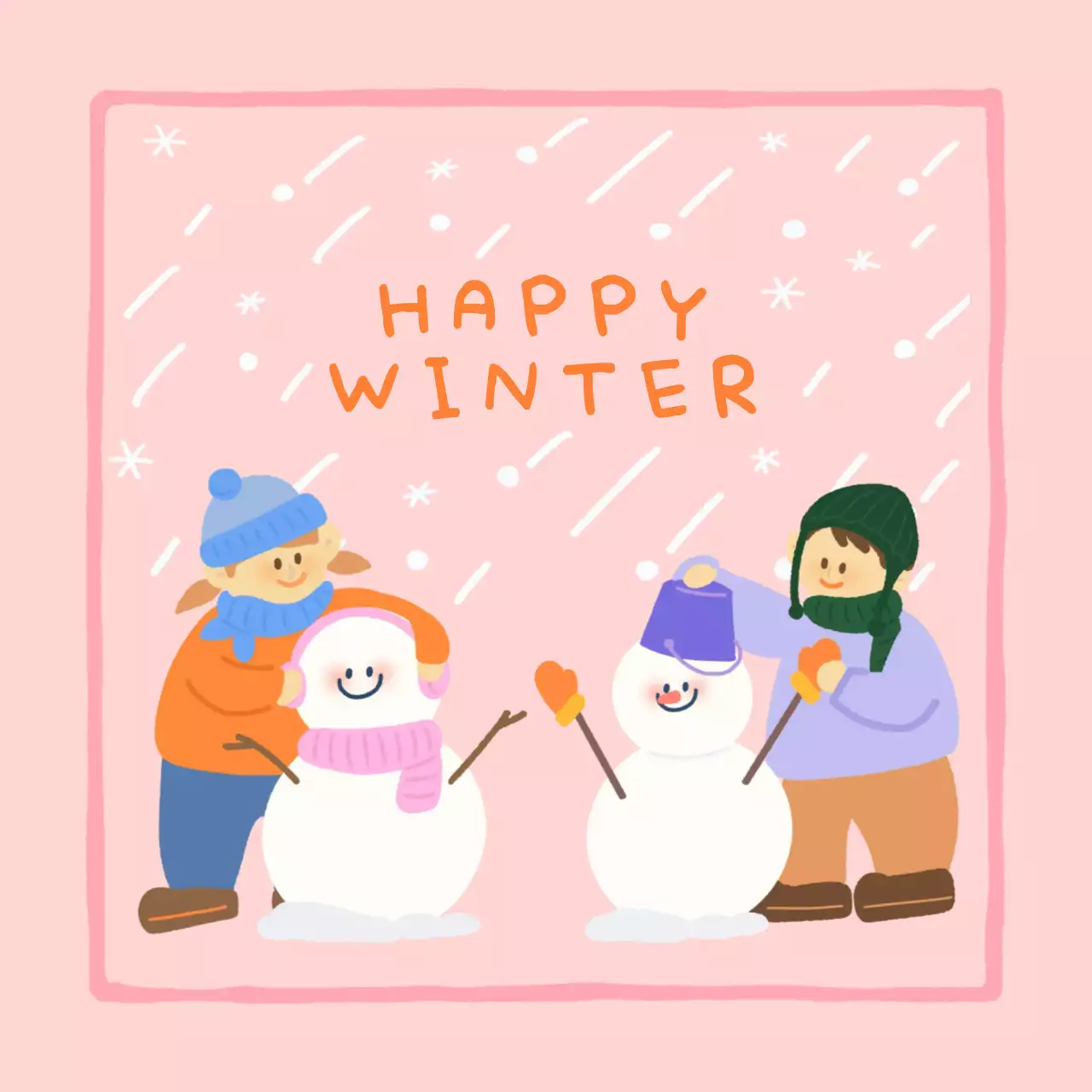 핑크 아기자기한 행복한 겨울 눈사람 만드는 아이들