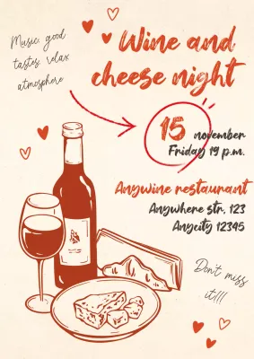 Wine and cheese degustation vintage poster in red colors