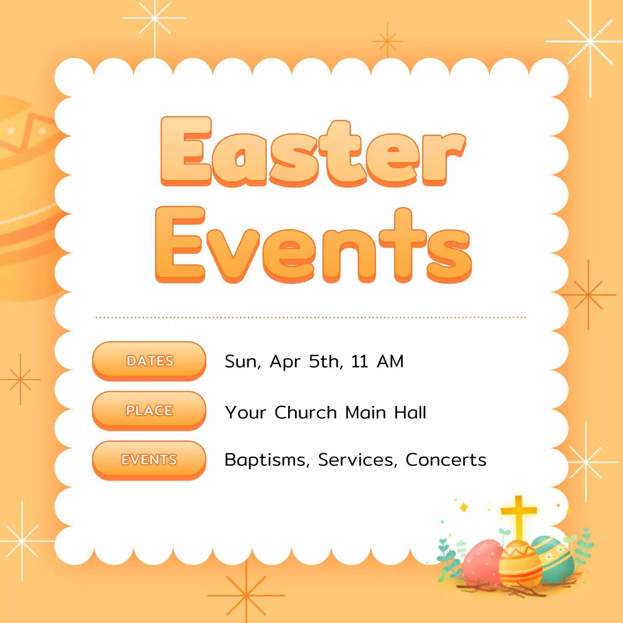 Anúncio da Igreja sobre o evento de Páscoa Orange Whimsical