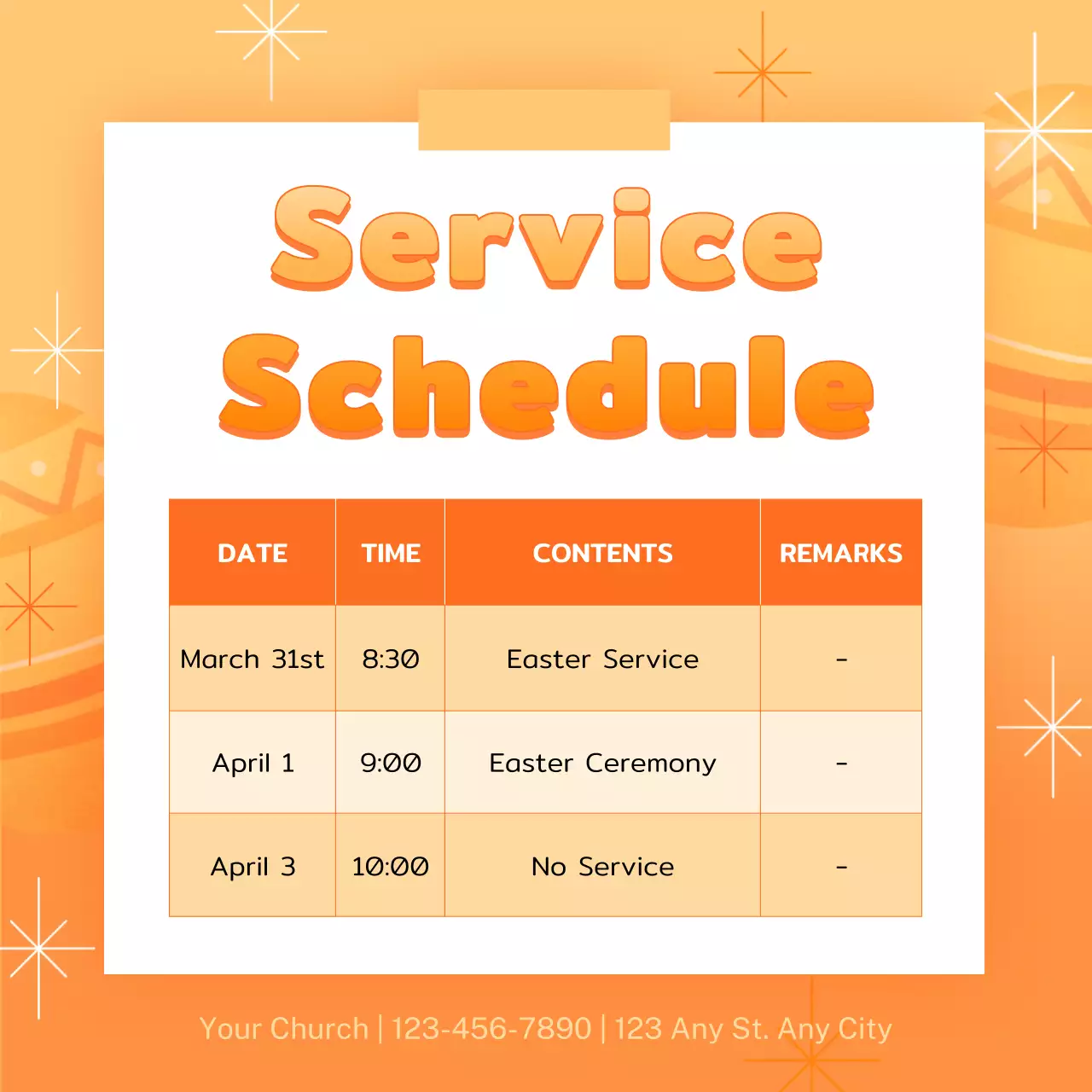 Anúncio da Igreja sobre o evento de Páscoa Orange Whimsical