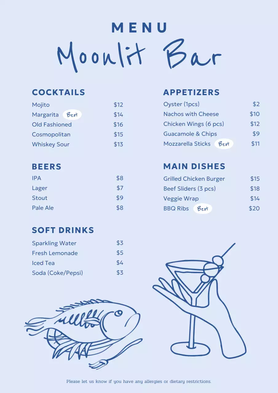 Blue Minimal Bar Menu