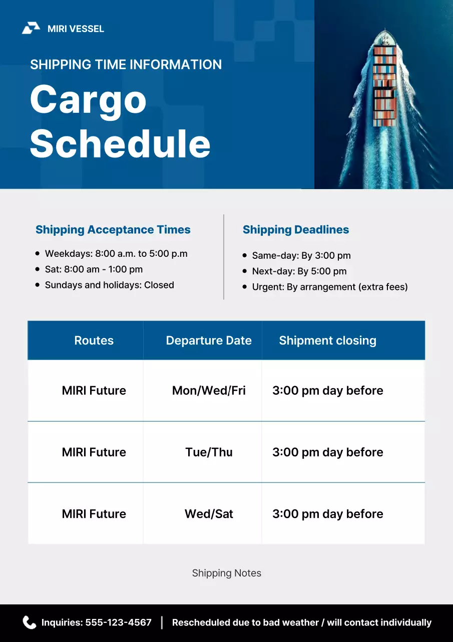 blue modern shipping schedule notice