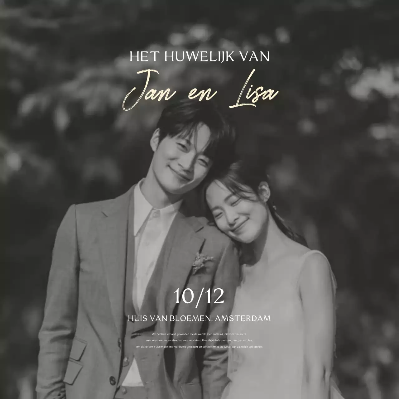 Zwart-witte klassieke huwelijksuitnodiging