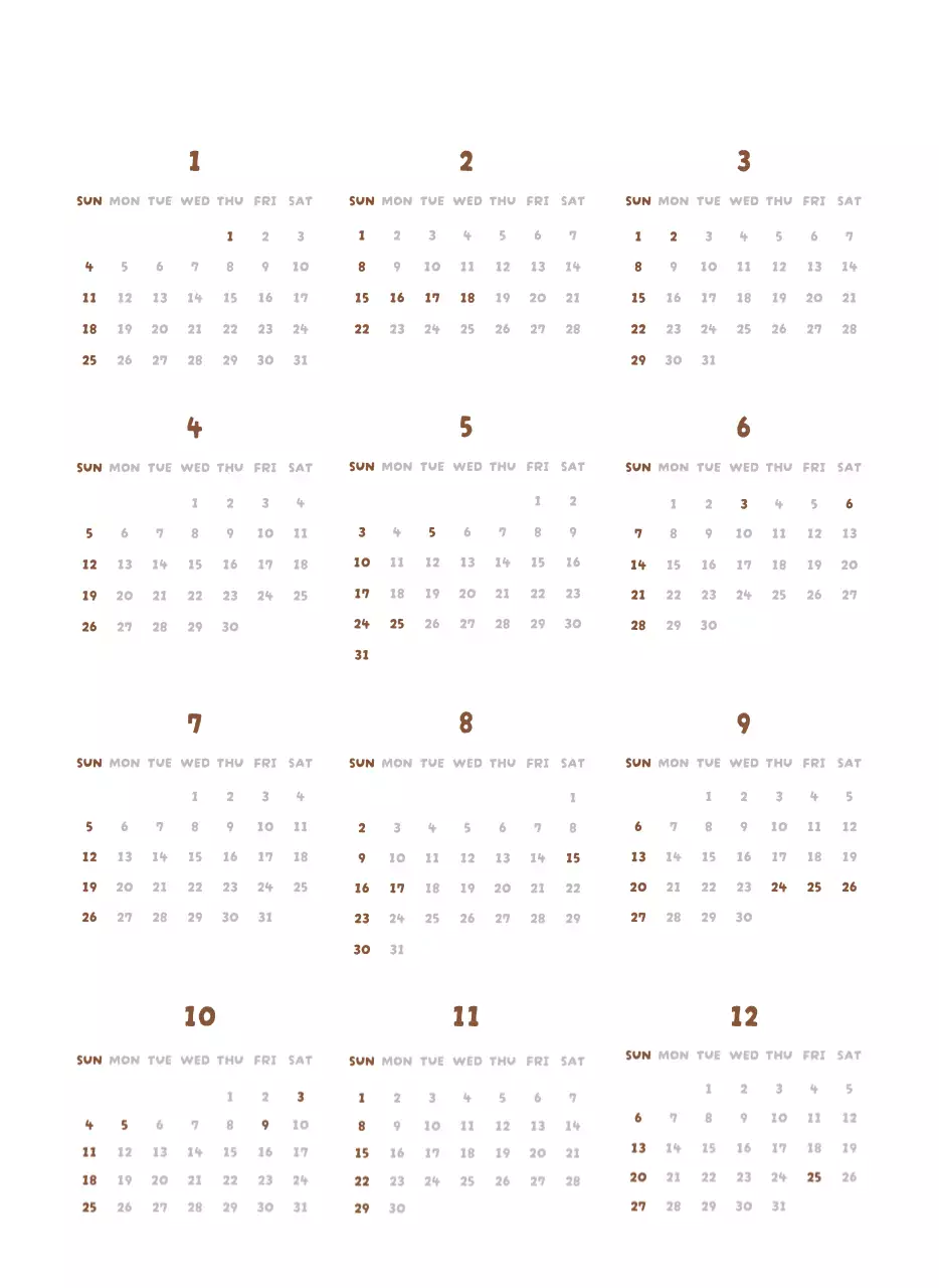 갈색 아기자기한 새해 달력