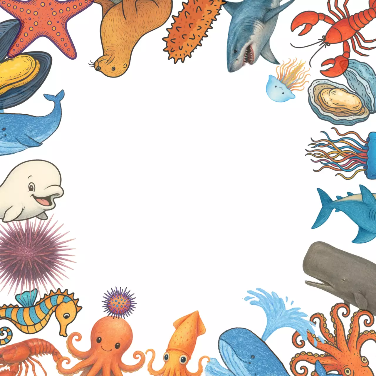 푸른 바다의 아기자기하고 신나는 해양 생물 포토프레임