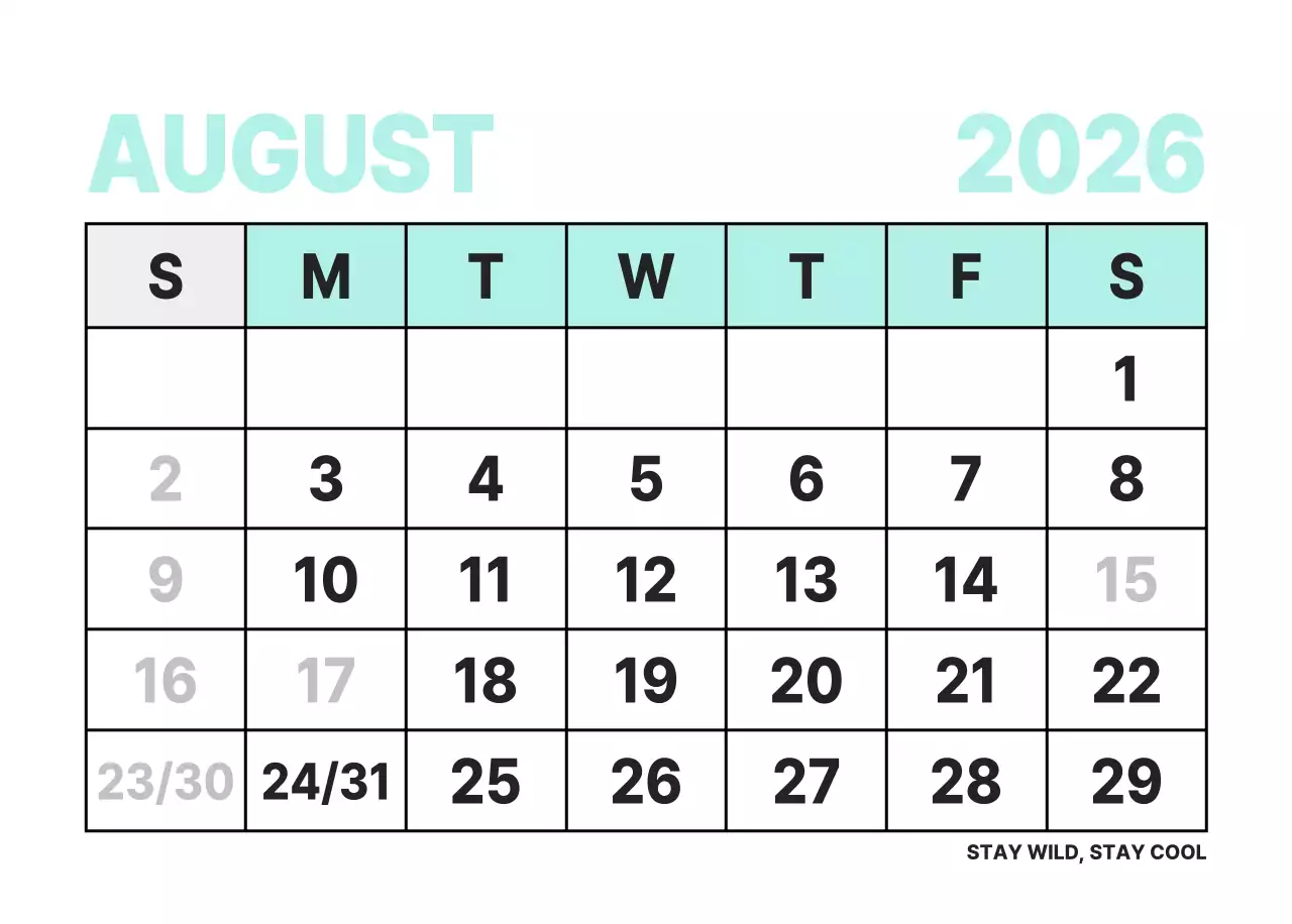 하늘색 모던 연간 계획 달력