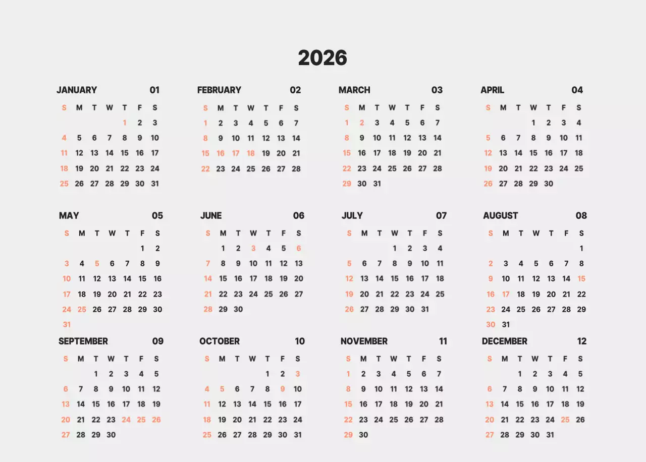 하늘색 모던 연간 계획 달력