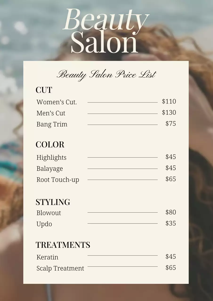 Beige Elegant Beauty Menu