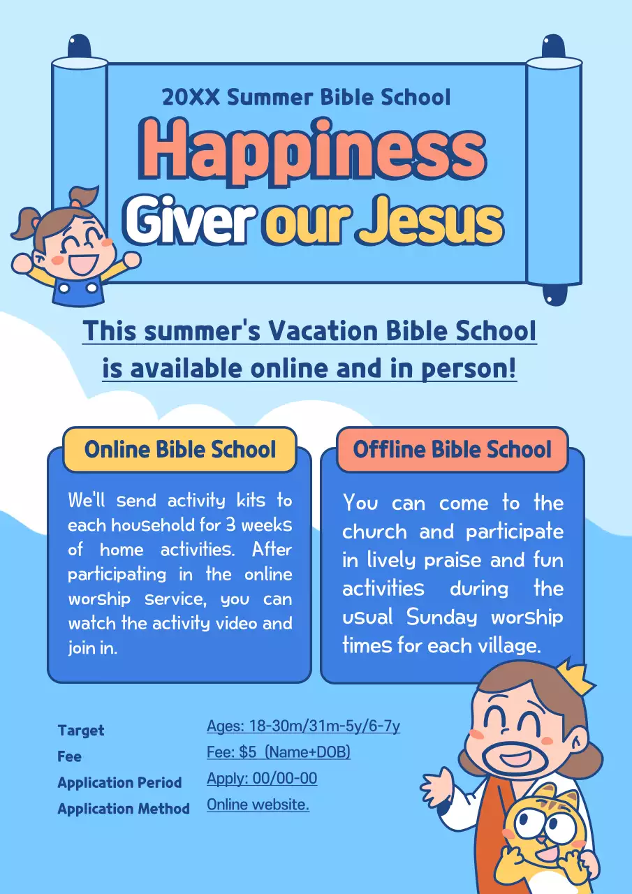 Blue Cheerful Bible School Announcement Poster