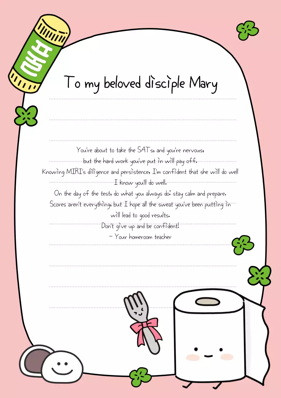 Surat berwarna merah muda, lucu, dan ceria untuk ujian masuk perguruan tinggi