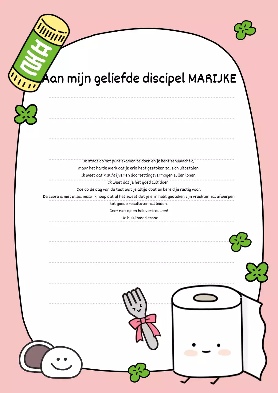 Roze, schattige en opbeurende brief voor het toelatingsexamen voor de universiteit