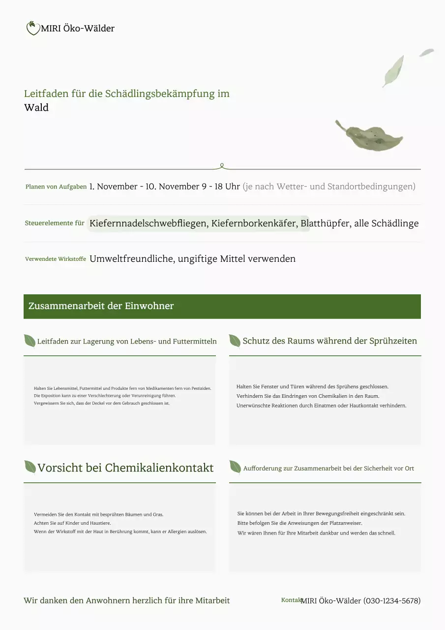 Hinweis zu den Schädlingsbekämpfungsarbeiten von Green Forest