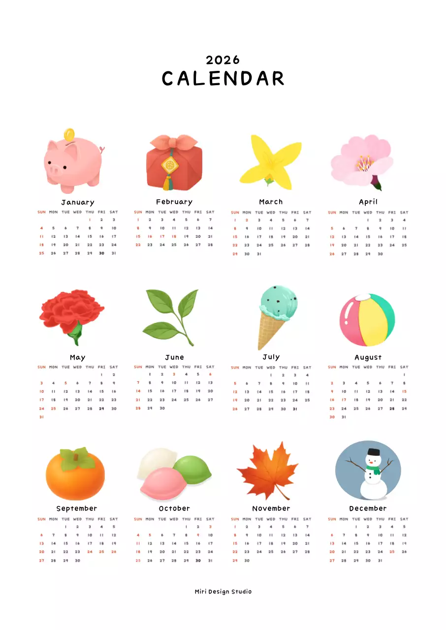 흰색 아기자기한 2026 달력 문구