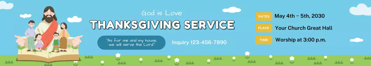 Ilustrasi biru hijau promosi layanan pengucapan syukur gereja yang rapiIlustrasi biru hijau promosi layanan pengucapan syukur gereja yang rapi