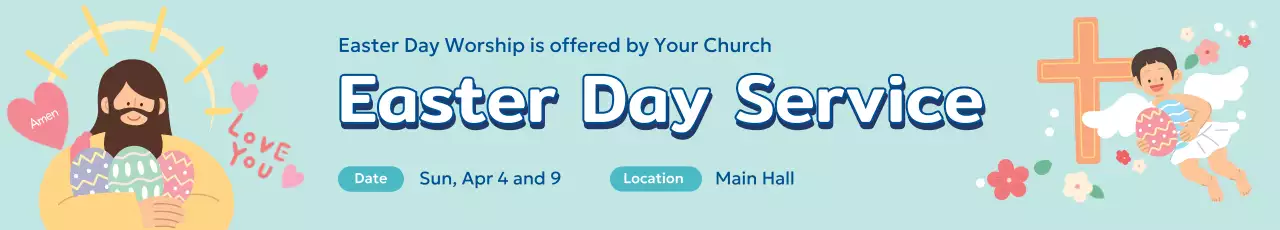 Hình minh họa màu xanh dễ thương nhà thờ Lễ Phục sinh Thông báo thờ phượng trực tuyến 