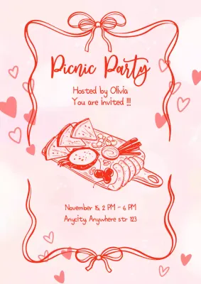 Trendy coquette style girly picnic party invitation in pink and red colors
