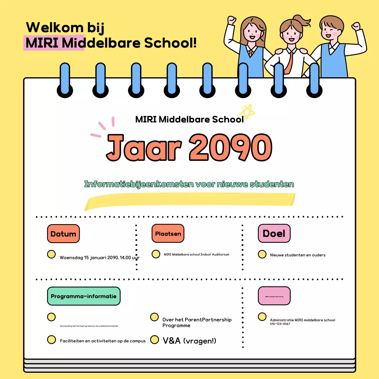Gele schattige eerstejaars informatiesessiegids