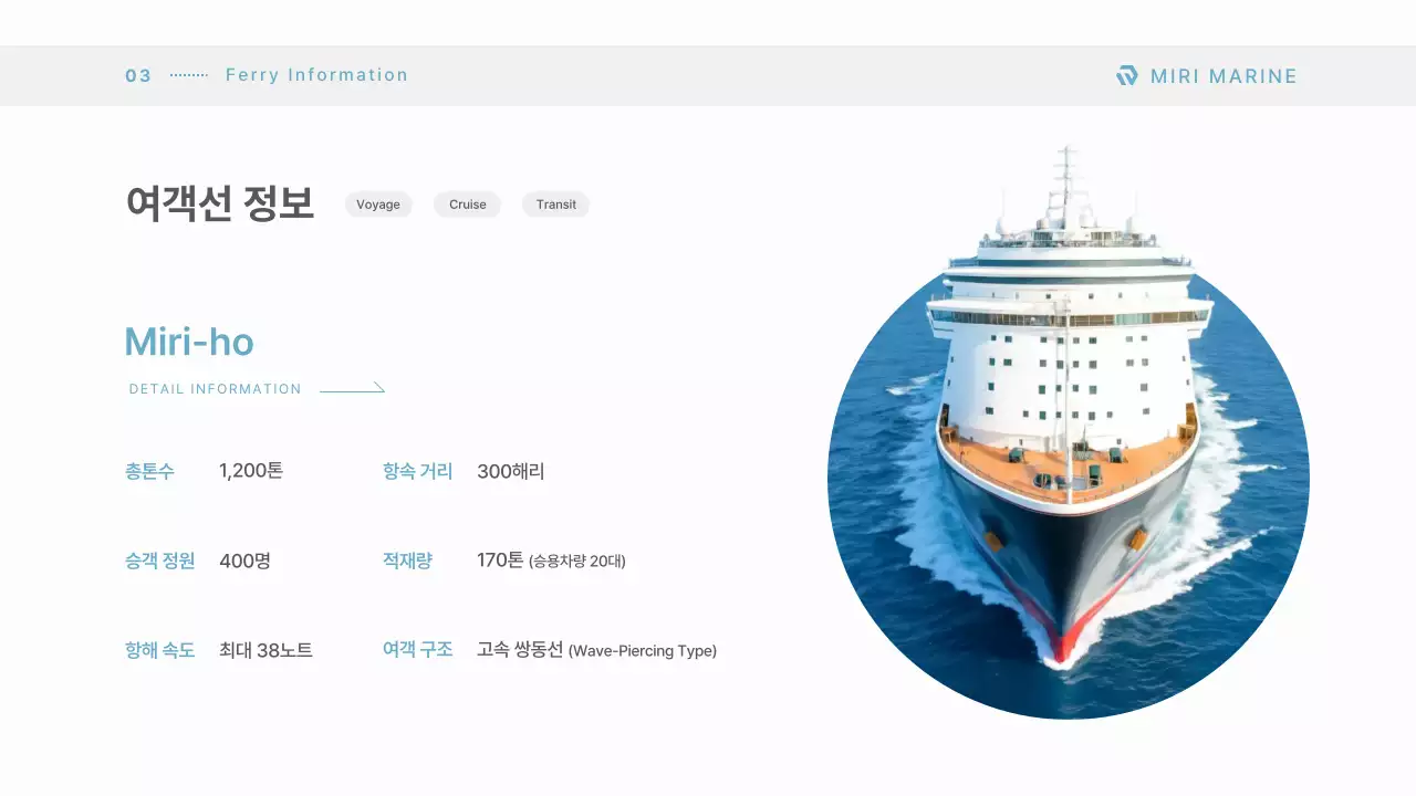 하늘색의 모던한 여객선 운항 업체 서비스 소개서